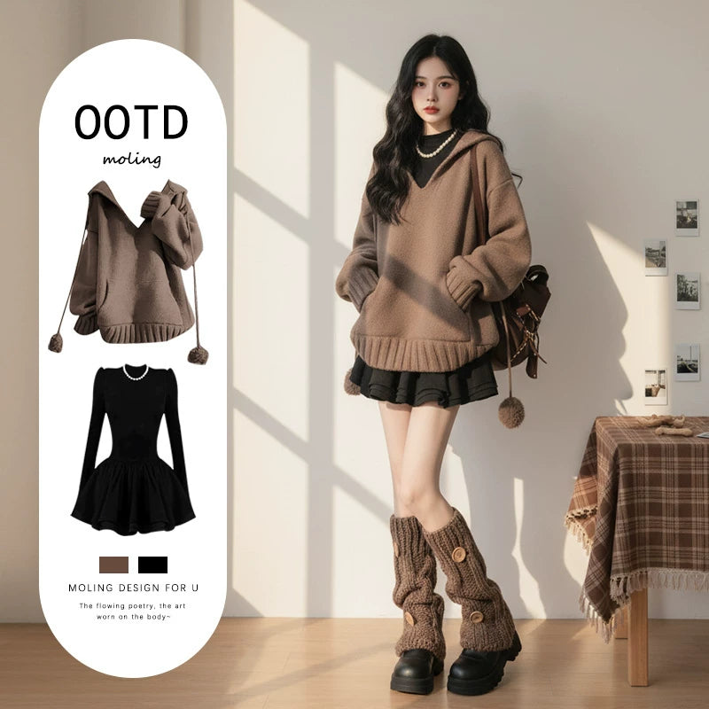 【セットアップ】コーヒー フード付き セーター + ブラックワンピース 2点上下セット【JZシリーズ】