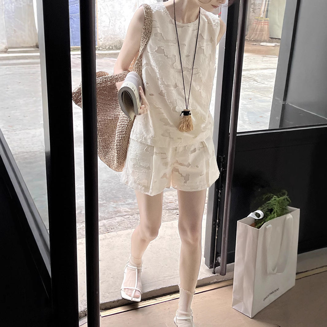 【セットアップ】夏 ジャカード おしゃれな ノースリーブ シャツ + ショートパンツ 2点上下セット 【JZシリーズ】