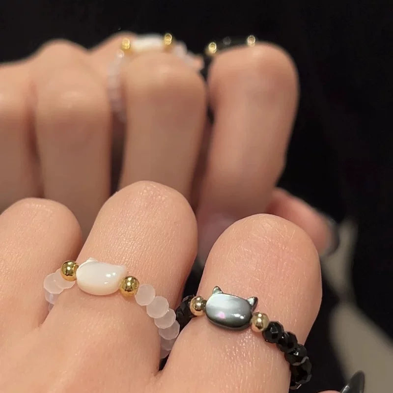 【🎁 B2G1｜先行スタート！】【グッズ】黒白ネコ レジン リング レディース カップル ペア 小众 可愛い 学生 ギフト