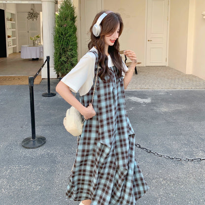 【ワンピース】日系 ナチュラル風 フェイクレイヤード 半袖 ワンピース レディース 夏 体型カバー スリム見え デザイン性【SHシリーズ】