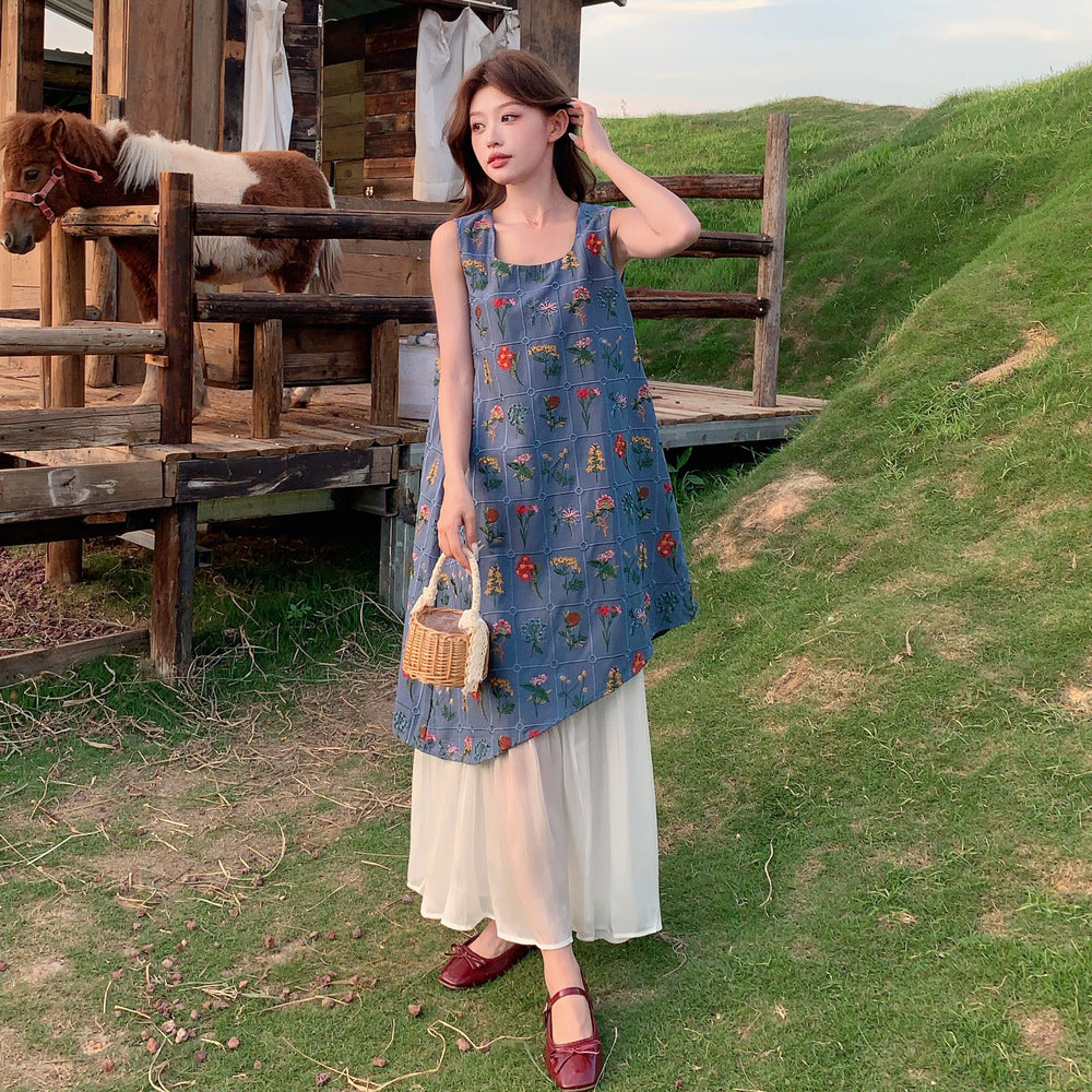 【ワンピース】フレンチ風エレガント お洒落配色プリント風フェイクレイヤード ノースリーブワンピース【SHシリーズ】