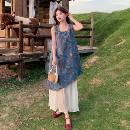 【ワンピース】フレンチ風エレガント お洒落配色プリント風フェイクレイヤード ノースリーブワンピース【SHシリーズ】