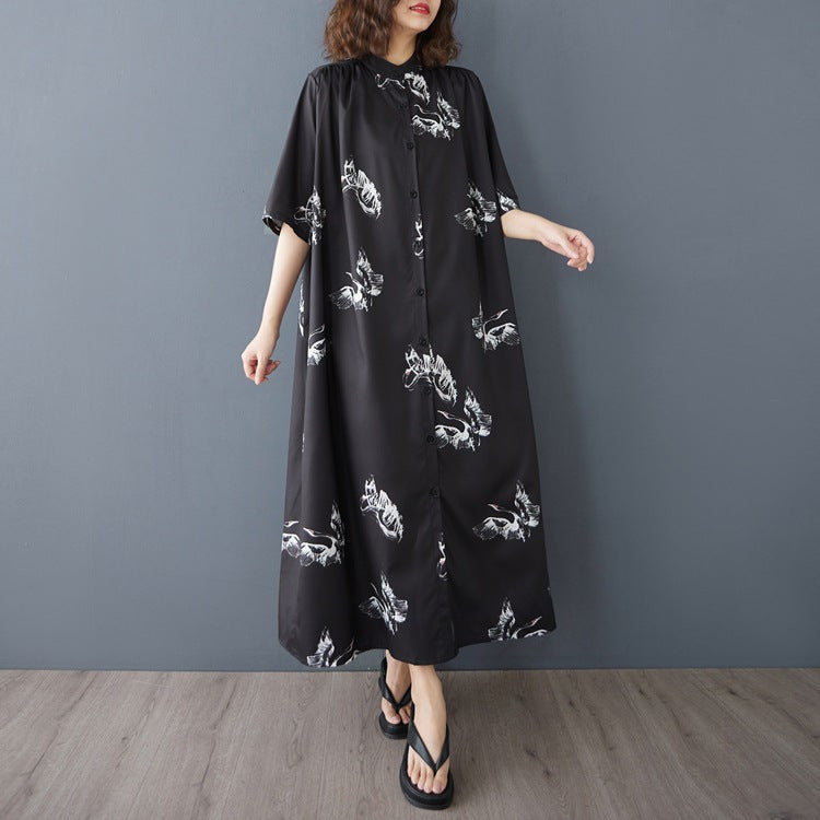 【ワンピース】白鶴の柄 レトロ ゆったりサイズ スタンドカラー 半袖 ロング シャツワンピース 大きいサイズ【SHシリーズ】