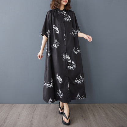 【ワンピース】白鶴の柄 レトロ ゆったりサイズ スタンドカラー 半袖 ロング シャツワンピース 大きいサイズ【SHシリーズ】