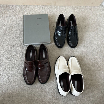 【シューズ】ヴィンテージ 太ヒール プリーツ ワンストラップ ローファー パンプス