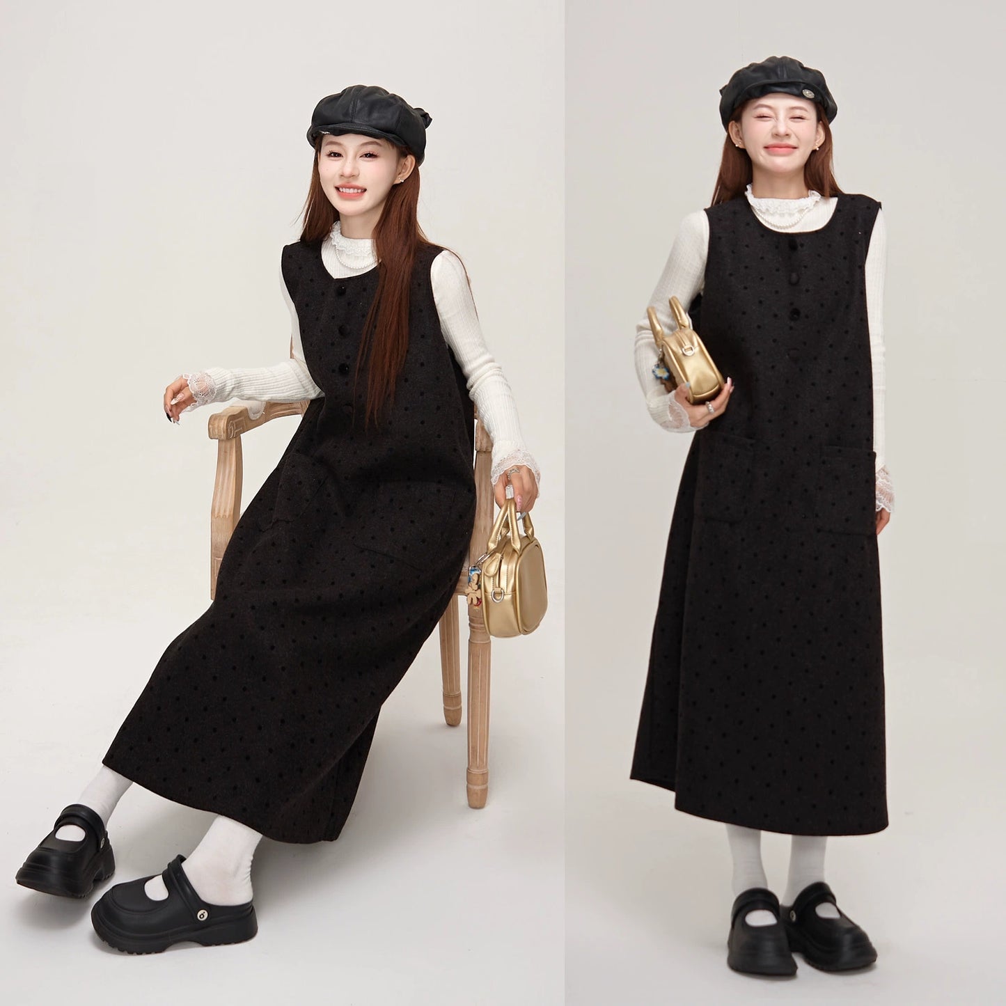 【ワンピース】デザイン重視♡ツイード×ドット柄 ノースリーブ ベストワンピース レディース 秋冬 高見え【JZシリーズ】