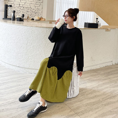 【ワンピース】秋冬切替Aライン 大きいサイズ 体型カバー フリル裾 厚手 長袖ワンピース【JZシリーズ】