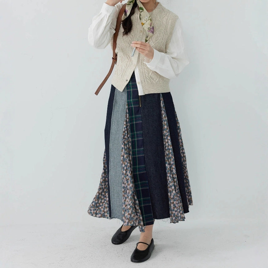 【ボトムス】日系 春夏秋冬 花柄 切り替えし Aライン スカート【SHシリーズ】