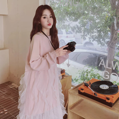 【ワンピース】カジュアル ミックス チュール 若見え 合わせやすい 長袖ワンピース【JZシリーズ】