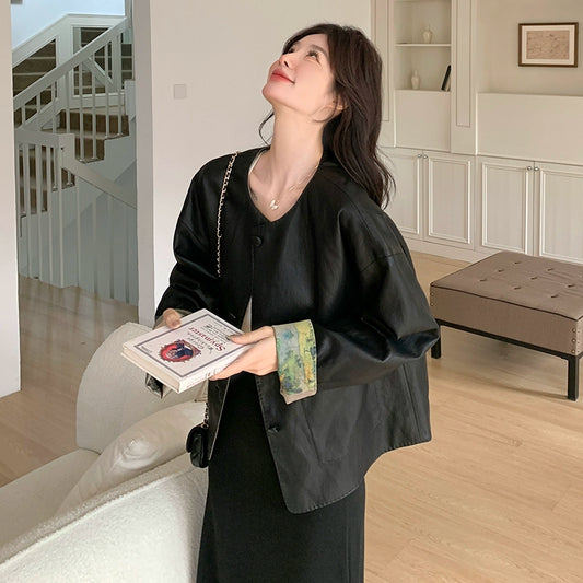 両面着用【アウター】ショート丈 PUレザー ジャケット おしゃれで合わせやすい ゆったりアウター【JZシリーズ】【SHシリーズ】