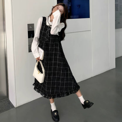 【ワンピース】可愛らしい 痩せ見え チェック フリンジ シャネル風 ノースリーブワンピース【JZシリーズ】