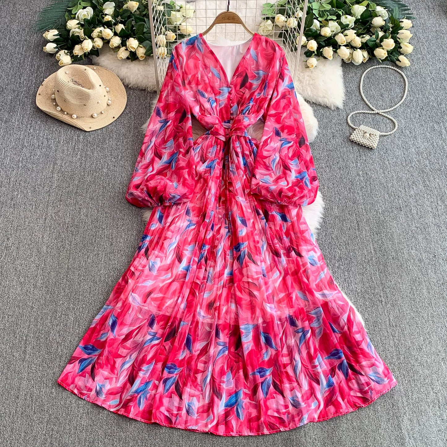 【ワンピース】大人フェミニン♡フレンチレトロ 長袖 花柄ワンピース｜ウエストマーク＆パフスリーブで細見え【SHシリーズ】