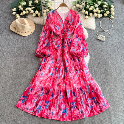 【ワンピース】大人フェミニン♡フレンチレトロ 長袖 花柄ワンピース｜ウエストマーク＆パフスリーブで細見え【SHシリーズ】