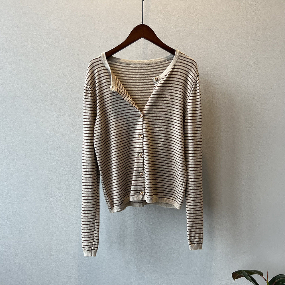 【トップス】バイカラーストライプが映える！韓国風薄手ニットカーディガン｜体型カバーも叶う秋トップス【JZシリーズ】