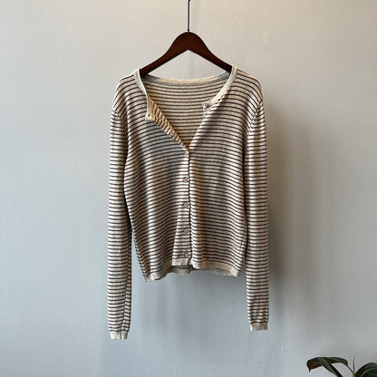 【トップス】バイカラーストライプが映える！韓国風薄手ニットカーディガン｜体型カバーも叶う秋トップス【JZシリーズ】