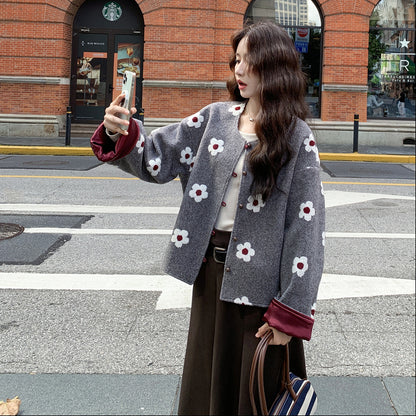 【アウター】小柄向け 若見え フラワー装飾 ウールコート 2025秋冬 シンプル カジュアル ラウンドネック レディース【SHシリーズ】