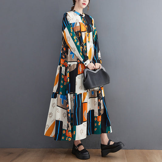 【ワンピース】秋新作 韓国風 ゆったり大きめサイズ レトロ花柄 ミドル丈 長袖ワンピース 文芸風 レディース【SHシリーズ】