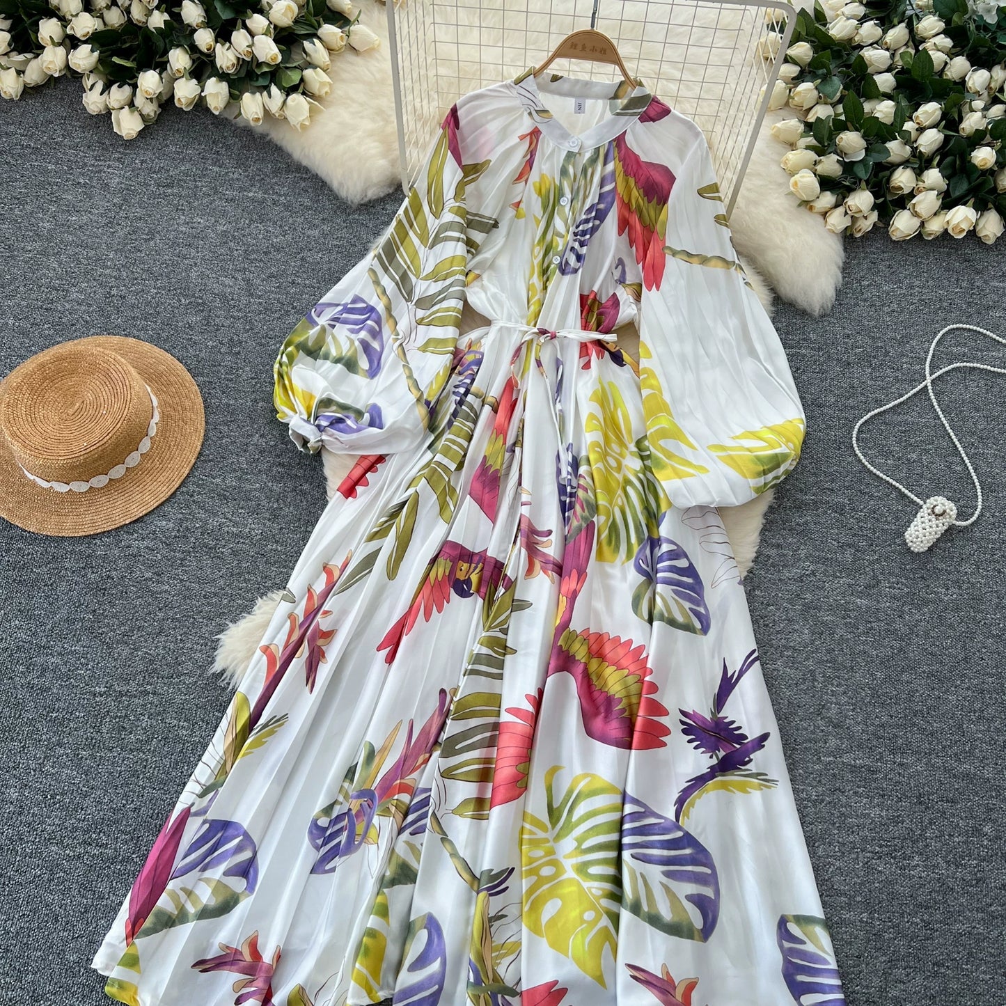 【ワンピース】前開き バルーンスリーブ タック入り フレア 長袖 ワンピース 【SHシリーズ】