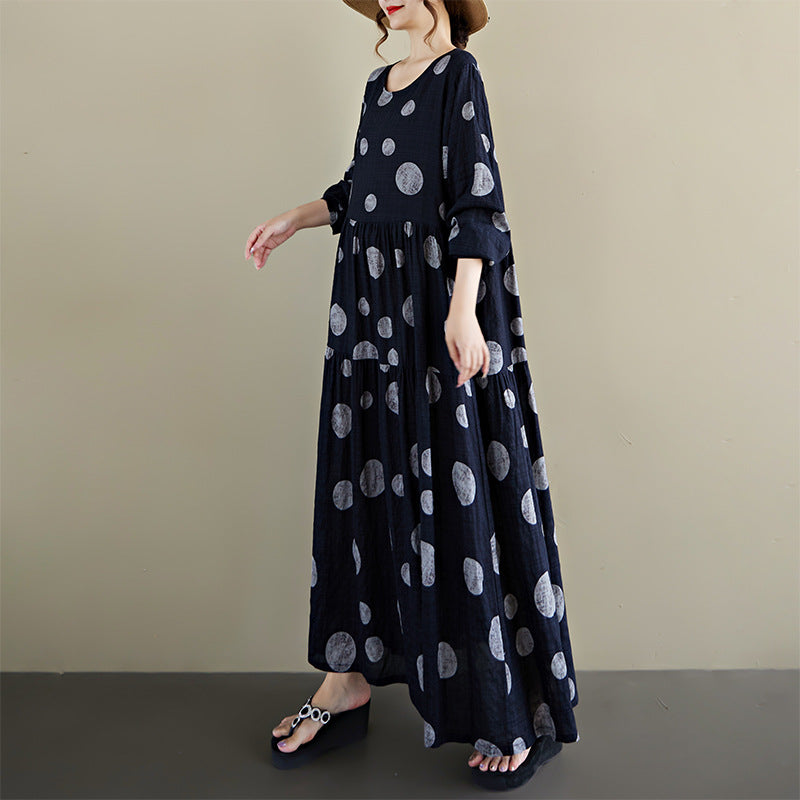 期間限定🍂60%OFF【ワンピース】レトロプリントワンピース レディース 秋新作 長袖 クルーネック ゆったり フレア ロング丈【SHシリーズ】