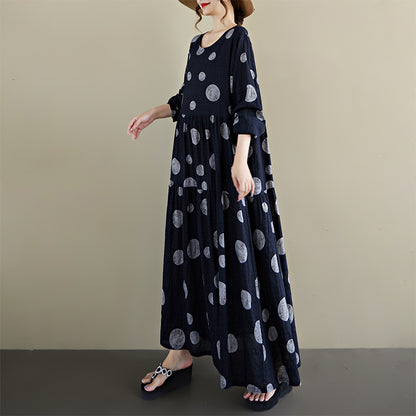 期間限定🍂60%OFF【ワンピース】レトロプリントワンピース レディース 秋新作 長袖 クルーネック ゆったり フレア ロング丈【SHシリーズ】