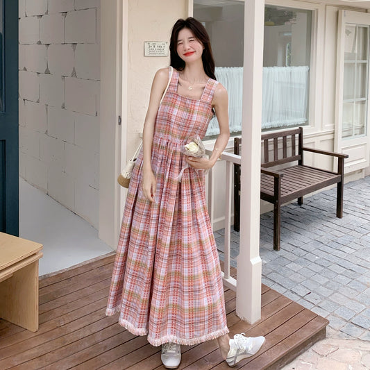 【ワンピース】チェック柄 キャミワンピース レディース 夏 ハイウエスト ノースリーブ ロングワンピース ゆったり 体型カバー 人気 フレンチ風【SHシリーズ】