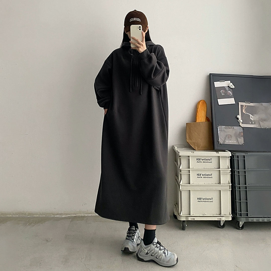 【24AW】【10～15日内発送】【ワンピース】韓国風 ゆったり プラスサイズ 裏起毛 フード付き 長袖ワンピース 【FCシリーズ】