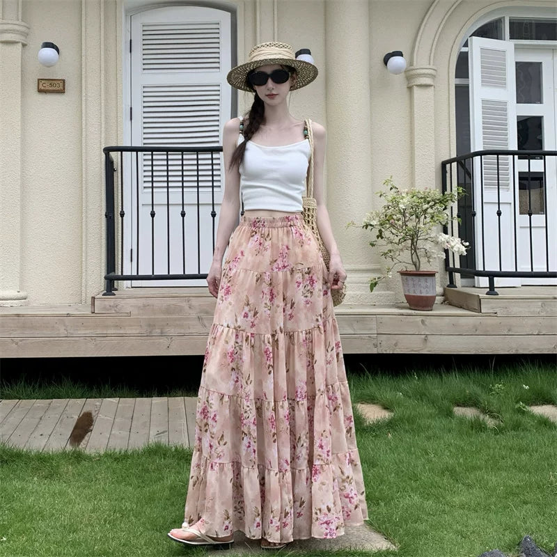 【ボトムス】フレンチ花柄シフォンスカート レディース 夏 ロング丈 フレアシルエット ハイウエスト 上品エレガント【SHシリーズ】