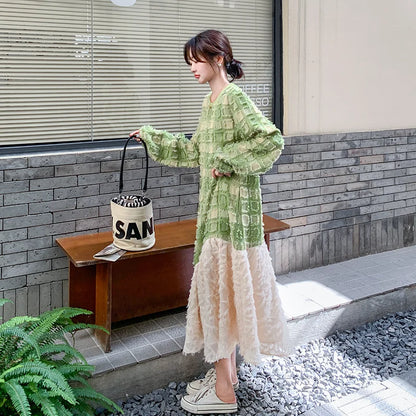【ワンピース】グリーンチェック切り替え ロングワンピース レディース 春新作 長袖 マーメイドシルエット 上品 体型カバー【SHシリーズ】