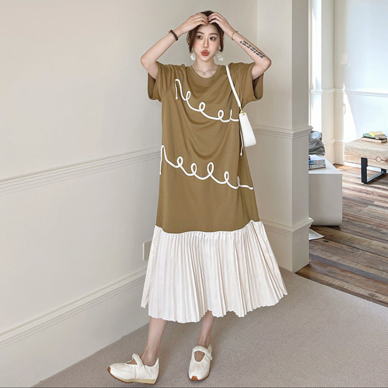 【ワンピース】☀️夏 新作 大きいサイズ レディース プリーツスカート 刺繍入り 重ね着風 半袖ワンピース ゆったり 体型カバー【JZシリーズ】