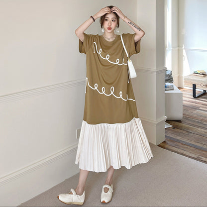 【ワンピース】☀️夏 新作 大きいサイズ レディース プリーツスカート 刺繍入り 重ね着風 半袖ワンピース ゆったり 体型カバー【JZシリーズ】