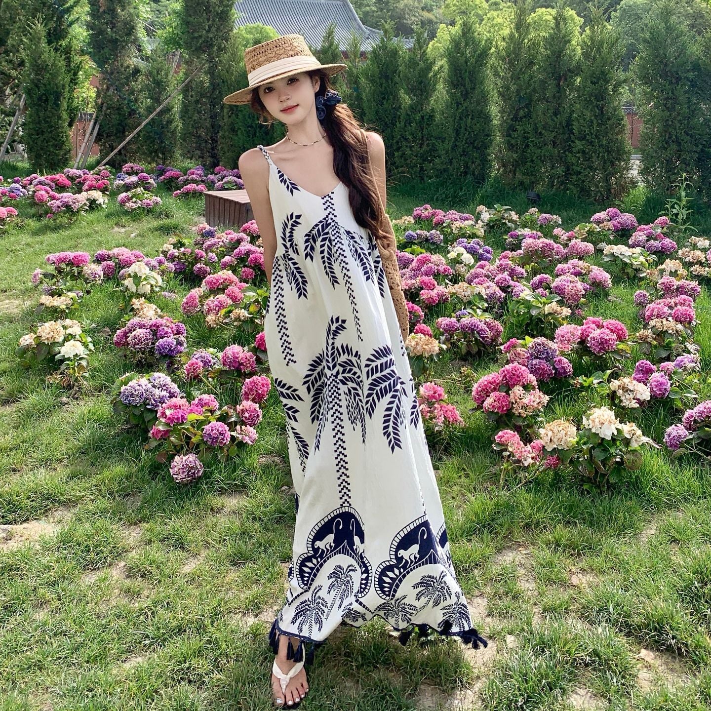 【ワンピース】ボヘミアン 民族風 プリント バカンス Vネック ノースリーブワンピース【SHシリーズ】