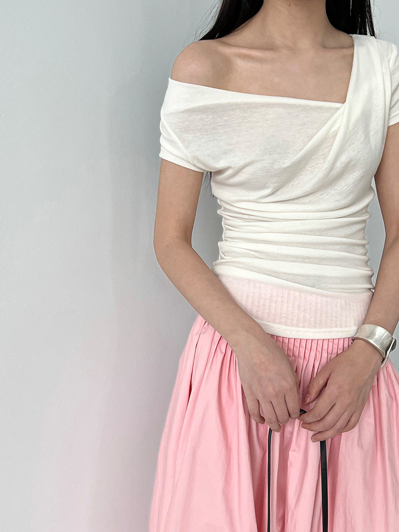 【トップス】夏 ドレープネック フレンチスタイル 半袖 Ｔシャツ【SNシリーズ】