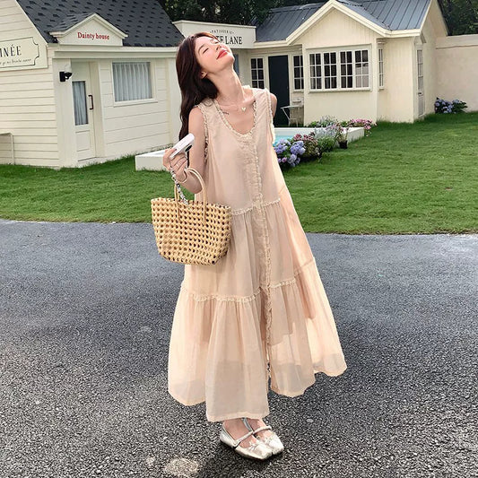【ワンピース】フレンチ風 ノースリーブワンピース レディース 夏 レースデザイン Aライン 細見え 大人可愛い【JZシリーズ】