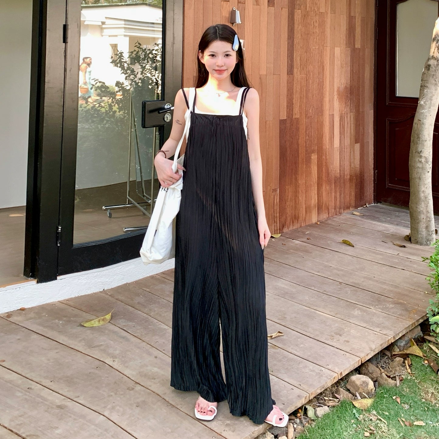 【ボトムス】夏 ヴィンテージ風タック入り ダブルストラップ ワイドサロペット オールインワン