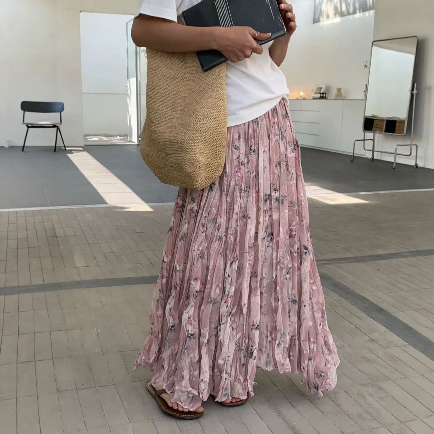 【ボトムス】花柄 プリーツスカート レディース 夏 ハイウエスト ロングスカート フレア ゆったり 細見え レトロ フェミニン【SHシリーズ】