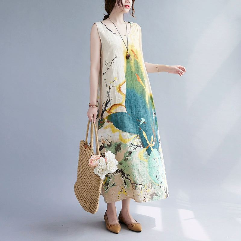 【ワンピース】夏 大きいサイズ ゆったり コットンリネン ノースリーブ タンクワンピース 上品 デイリー カジュアル【SHシリーズ】