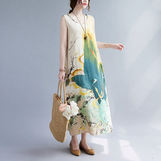 【ワンピース】夏 大きいサイズ ゆったり コットンリネン ノースリーブ タンクワンピース 上品 デイリー カジュアル【SHシリーズ】