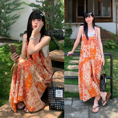 橙色印花吊帶連身褲｜寬鬆闊腿褲｜夏季休閒顯瘦連體褲【SH系列】