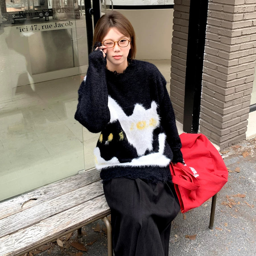 【トップス】アメリカンスタイル レトロ 配色 猫 上品 ニットセーター