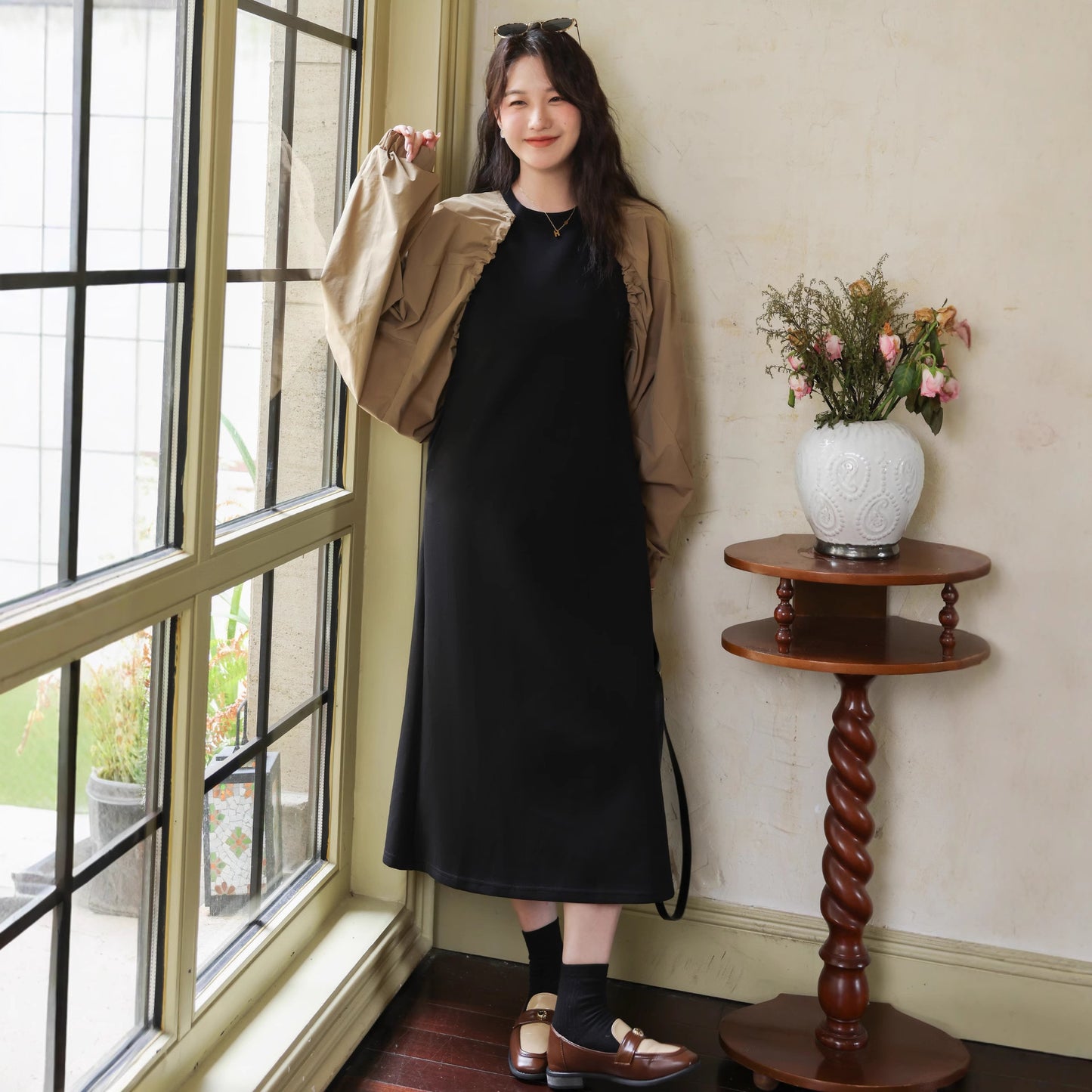 【ワンピース】フレンチ配色 ゆったり 長袖ワンピース 体型カバー 個性派ドッキング風