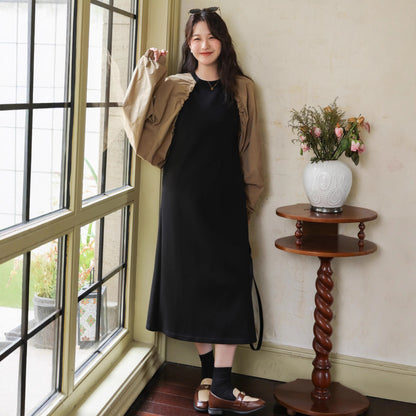 【ワンピース】フレンチ配色 ゆったり 長袖ワンピース 体型カバー 個性派ドッキング風