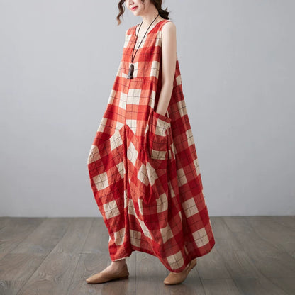【ワンピース】レトロ風 ノースリーブ チェックワンピース レディース 夏 ロング丈 ゆったりシルエット ナチュラル【JZシリーズ】