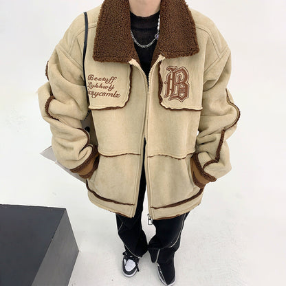 【アウター】春 秋 冬 アメリカン ヘビー 厚手  スエード レトロ ゆったり 刺繍 綿ジャケット【FCシリーズ】