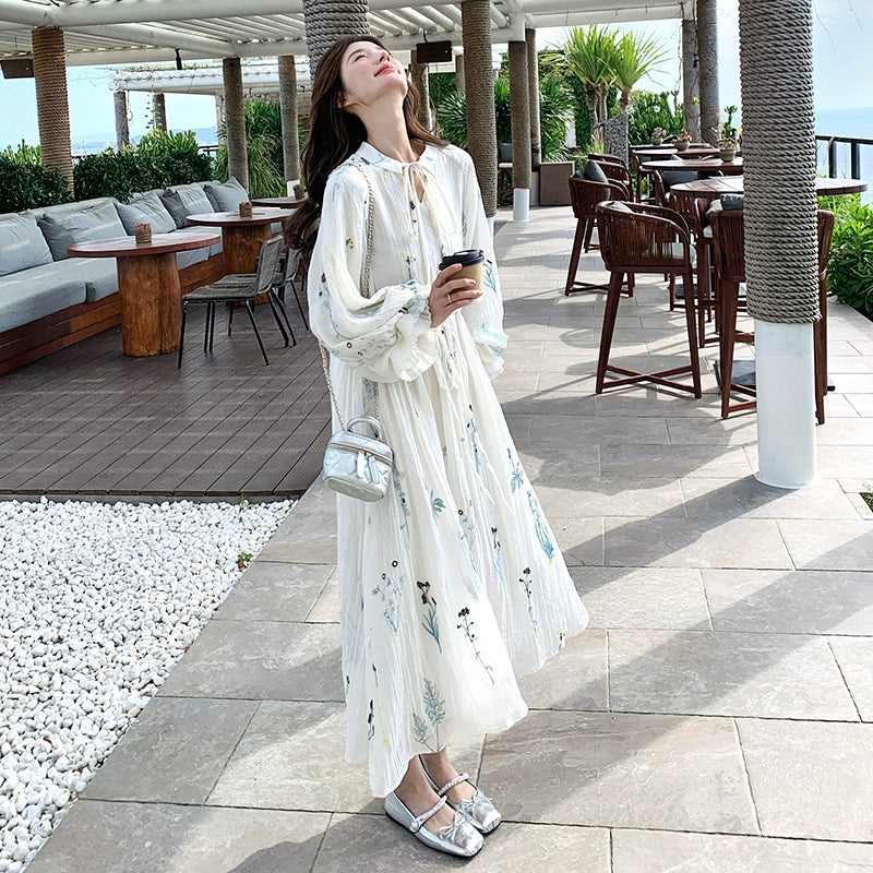 【ワンピース】独特で絶美なフレンチ風 花柄 長袖ワンピース 超人気 バルーンスリーブ リゾートロングドレス【SHシリーズ】