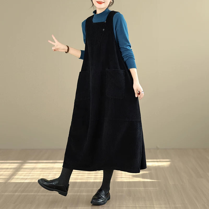 【ワンピース】スクエアネック コーデュロイ 綿100％ ロング丈 ノースリーブワンピース 冬用【AHシリーズ】