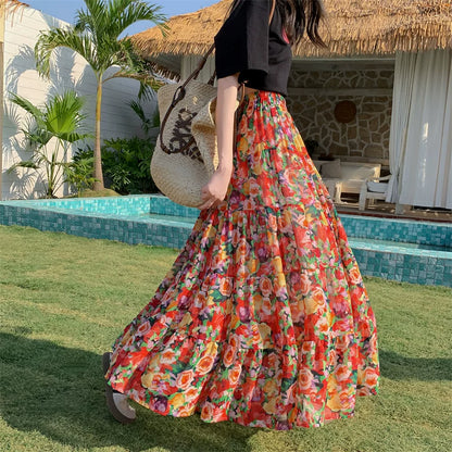 【ボトムス】ボヘミアン風 フレンチ油絵 プリント 大振裾 スカート 【SHシリーズ】