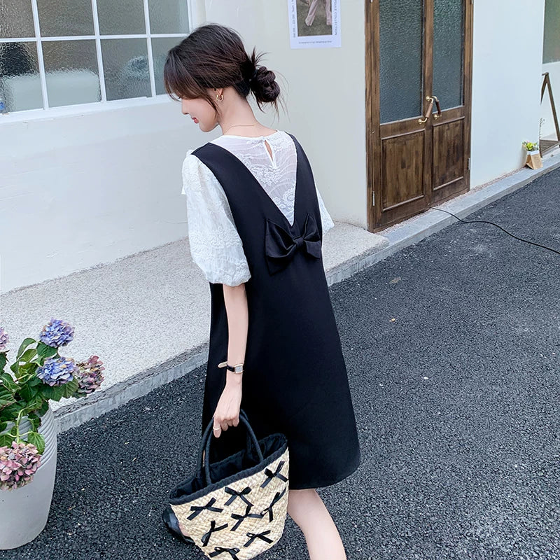 【ワンピース】配色 ワンピース レディース 夏 レイヤード風 半袖 ロングワンピース 細見え リボンデザイン 人気 フレンチ風【JZシリーズ】