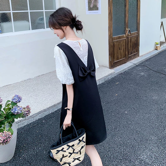 【ワンピース】配色 ワンピース レディース 夏 レイヤード風 半袖 ロングワンピース 細見え リボンデザイン 人気 フレンチ風【JZシリーズ】