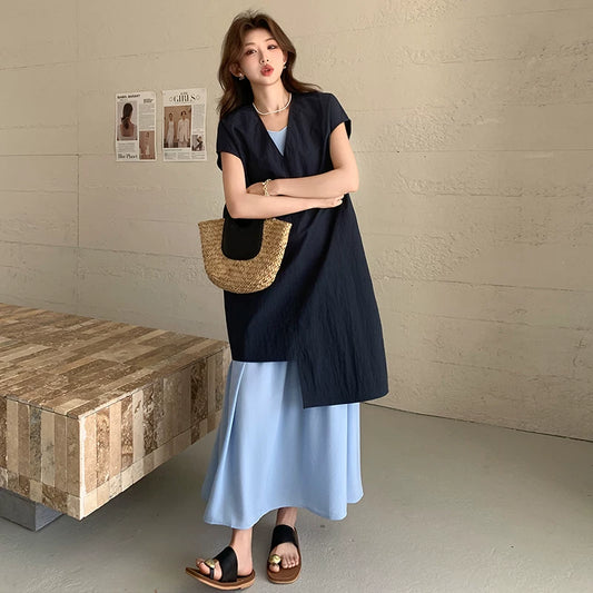 【セットアップ】ブルー キャミワンピース セットアップ レディース 夏 レイヤード 2点セット レトロ風 ゆったり ロングワンピース【JZシリーズ】