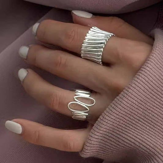 【グッズ】透かしデザイン 不規則な 雫モチーフリング 春 秋 冬 夏 オープンリング 2点セット 【JZシリーズ】